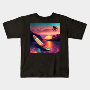 80s Style Hawaiian Surfing in a Beautiful Sunset Retro Vintage Travel Artwork Kids T-Shirt